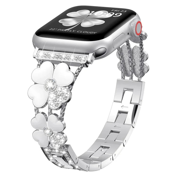 Dây đồng hồ kim loại hình cánh hoa đính kim cương, dành cho Apple Watch 3 38mm, Apple Watch 9 45mm, Apple Watch 3 42mm, Apple Watch 2 38mm, Apple Watch 2 42mm, Apple Watch 38mm, Apple Watch 42mm, Apple Watch 9 41mm