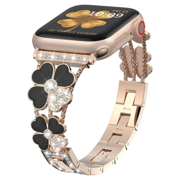 Dây đồng hồ kim loại hình cánh hoa đính kim cương, dành cho Apple Watch 3 38mm, Apple Watch 9 45mm, Apple Watch 3 42mm, Apple Watch 2 38mm, Apple Watch 2 42mm, Apple Watch 38mm, Apple Watch 42mm, Apple Watch 9 41mm