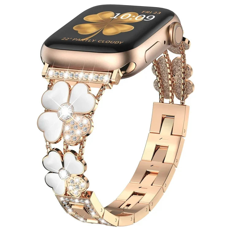 Dây đồng hồ kim loại hình cánh hoa đính kim cương, dành cho Apple Watch 3 38mm, Apple Watch 9 45mm, Apple Watch 3 42mm, Apple Watch 2 38mm, Apple Watch 2 42mm, Apple Watch 38mm, Apple Watch 42mm, Apple Watch 9 41mm