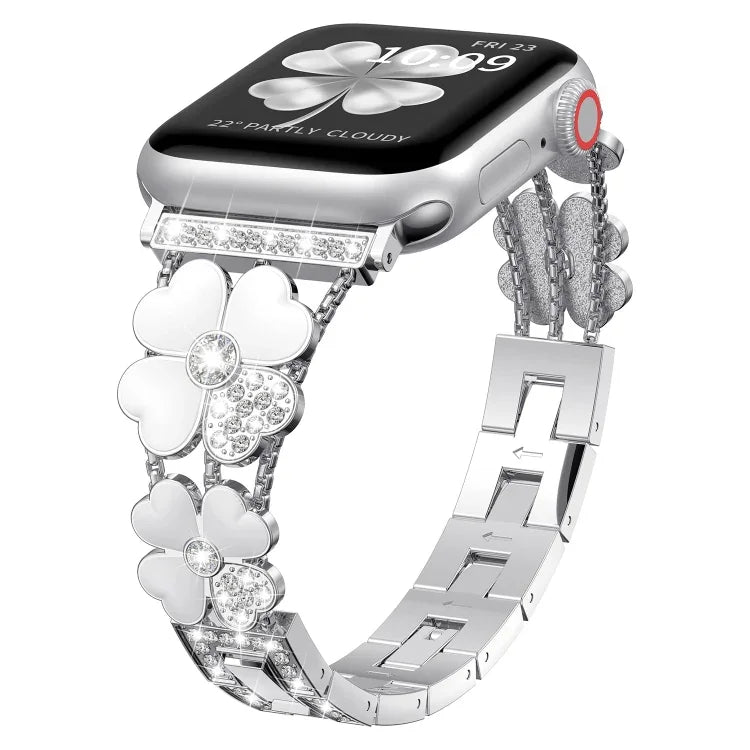Dây đồng hồ kim loại hình cánh hoa đính kim cương, dành cho Apple Watch 3 38mm, Apple Watch 9 45mm, Apple Watch 3 42mm, Apple Watch 2 38mm, Apple Watch 2 42mm, Apple Watch 38mm, Apple Watch 42mm, Apple Watch 9 41mm