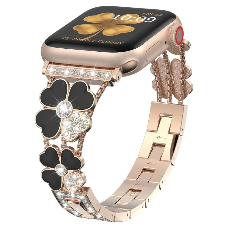Dây đồng hồ kim loại hình cánh hoa đính kim cương, dành cho Apple Watch 3 38mm, Apple Watch 9 45mm, Apple Watch 3 42mm, Apple Watch 2 38mm, Apple Watch 2 42mm, Apple Watch 38mm, Apple Watch 42mm, Apple Watch 9 41mm