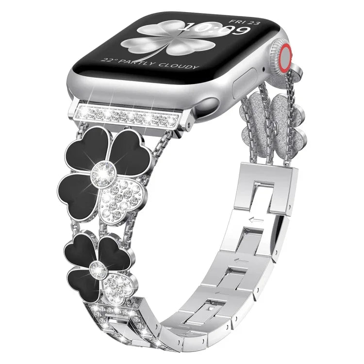 Dây đồng hồ kim loại hình cánh hoa đính kim cương, dành cho Apple Watch 3 38mm, Apple Watch 9 45mm, Apple Watch 3 42mm, Apple Watch 2 38mm, Apple Watch 2 42mm, Apple Watch 38mm, Apple Watch 42mm, Apple Watch 9 41mm