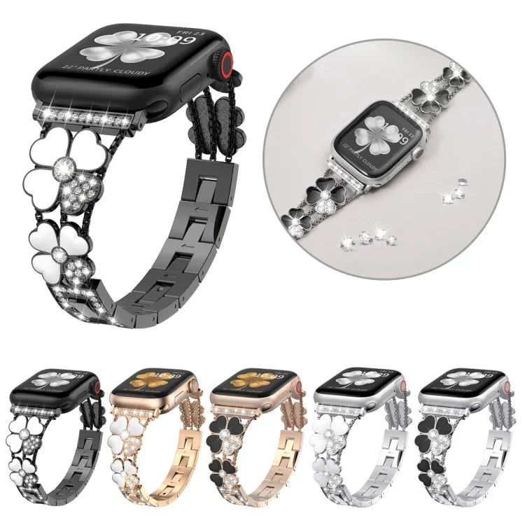 Dây đồng hồ kim loại hình cánh hoa đính kim cương, dành cho Apple Watch 3 38mm, Apple Watch 9 45mm, Apple Watch 3 42mm, Apple Watch 2 38mm, Apple Watch 2 42mm, Apple Watch 38mm, Apple Watch 42mm, Apple Watch 9 41mm
