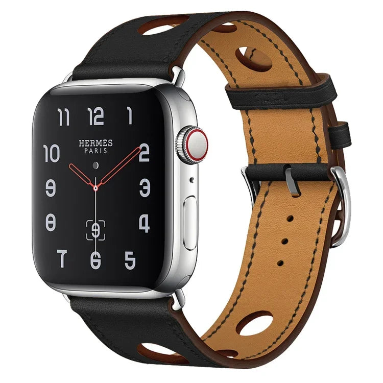 Leather Three Holes Replacement Strap Watchband, For Apple Watch Series 8&7 41mm / SE 2&6&SE&5&4 40mm / 3&2&1 38mm, For Apple Watch Series 7 45mm / 6 & SE & 5 & 4 44mm / 3 & 2 & 1 42mm, For Apple Watch Series 7 41mm / 6 & SE & 5 & 4 40mm / 3 & 2 & 1 38...