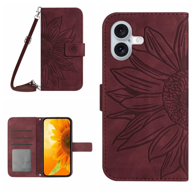 Skin Feel Sun Flower Embossed Flip Leather Phone Case with Lanyard, For iPhone 17e / 16e, For iPhone 17 Pro Max, For iPhone 17 Pro, For iPhone 17
