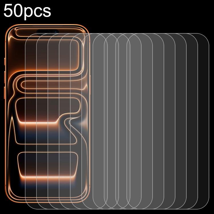 50 miếng phim kính cường lực nhôm cao cấp 0.26mm 9H 2.5D, dành cho iPhone 17 Pro Max, iPhone 17 Pro / 17, iPhone Air, iPhone 16 Pro Max, iPhone 16 Pro, iPhone 16 Plus, iPhone 16, iPhone 15 Plus / 15 Pro Max, iPhone 15 / 15 Pro