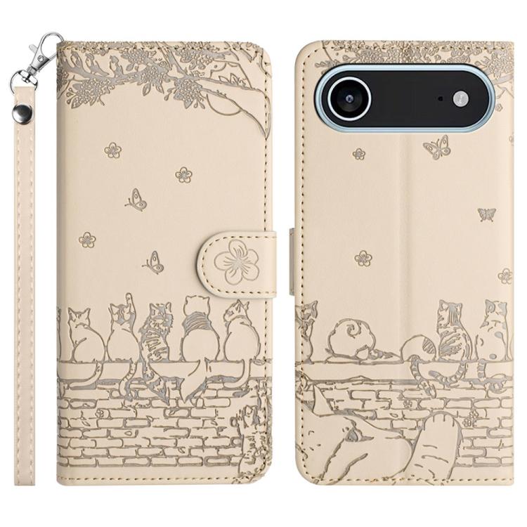 Cat Embossing Pattern Leather Phone Case with Lanyard, For iPhone 16e / 17e, For iPhone 17 Pro Max, For iPhone 17 Pro, For iPhone 17, For iPhone Air, For iPhone 16 Pro Max, For iPhone 16 Pro, For iPhone 16 Plus, For iPhone 16