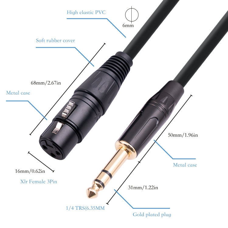 Cáp micro 6.35mm 1/4 TRS đực sang XLR 3 chân cái, dài 1m, 1.8m, 3m, 5m, 10m