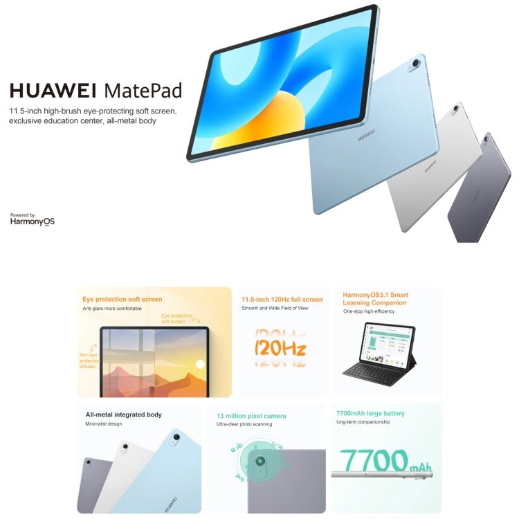 HUAWEI MatePad 11.5 inch 2023 WIFI, HarmonyOS 3.1 Qualcomm Snapdragon 7 Gen 1 tám nhân, Không hỗ trợ Google Play, 8GB+128GB, 8GB+256GB, 8GB+128GB màn hình khuếch tán, 8GB+256GB màn hình khuếch tán