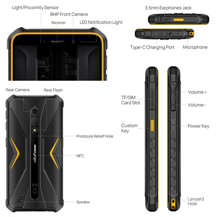 Ulefone Armor X12 Pro, điện thoại bền bỉ IP68/IP69K, màn hình 5.45 inch Android 15 MediaTek Helio G36 Octa Core, Mạng: 4G, NFC, 4GB+64GB