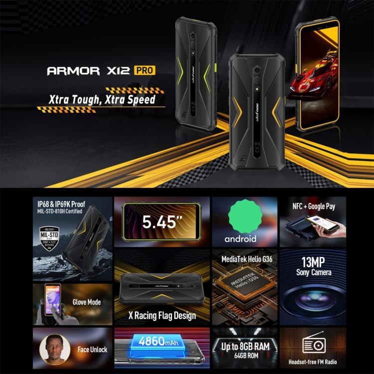 Ulefone Armor X12 Pro, điện thoại bền bỉ IP68/IP69K, màn hình 5.45 inch Android 15 MediaTek Helio G36 Octa Core, Mạng: 4G, NFC, 4GB+64GB