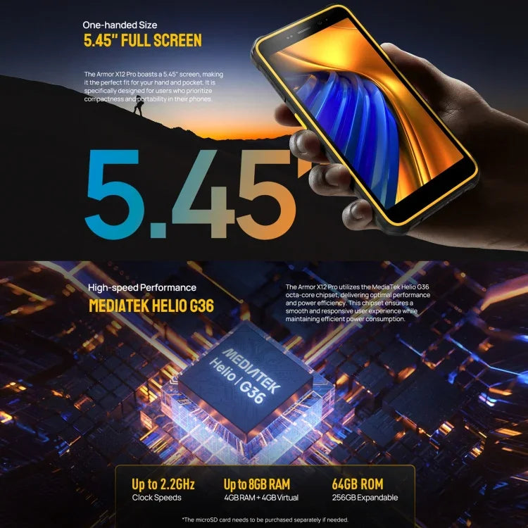 Ulefone Armor X12 Pro, điện thoại bền bỉ IP68/IP69K, màn hình 5.45 inch Android 15 MediaTek Helio G36 Octa Core, Mạng: 4G, NFC, 4GB+64GB