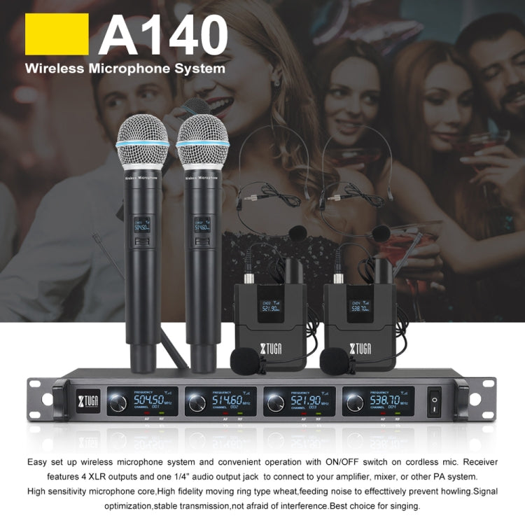 Hệ thống micro không dây XTUGA A140-B gồm 4 micro bodypack, micro headset và micro lavalier, A140-B