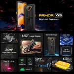Ulefone Armor X13, điện thoại bền bỉ IP68/IP69K, màn hình 6.52 inch Android 15 MediaTek Helio G36 Octa Core, Mạng: 4G, NFC, OTG, 6GB+64GB