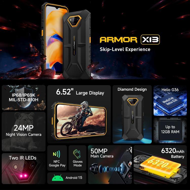 Ulefone Armor X13, điện thoại bền bỉ IP68/IP69K, màn hình 6.52 inch Android 15 MediaTek Helio G36 Octa Core, Mạng: 4G, NFC, OTG, 6GB+64GB