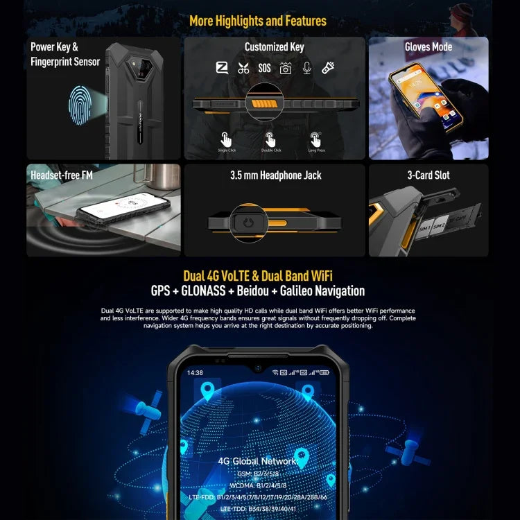 Ulefone Armor X13, điện thoại bền bỉ IP68/IP69K, màn hình 6.52 inch Android 15 MediaTek Helio G36 Octa Core, Mạng: 4G, NFC, OTG, 6GB+64GB