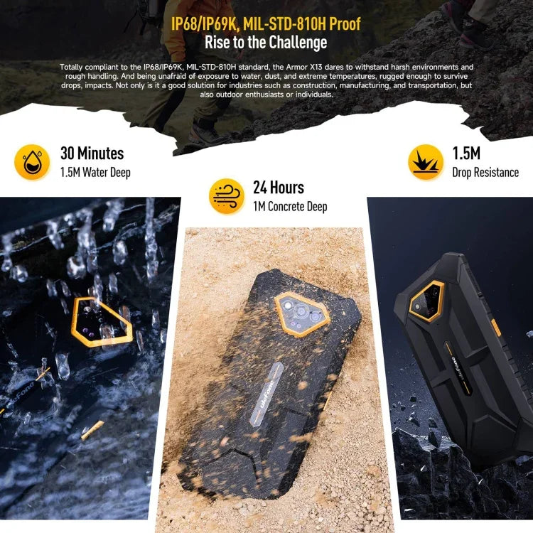 Ulefone Armor X13, điện thoại bền bỉ IP68/IP69K, màn hình 6.52 inch Android 15 MediaTek Helio G36 Octa Core, Mạng: 4G, NFC, OTG, 6GB+64GB