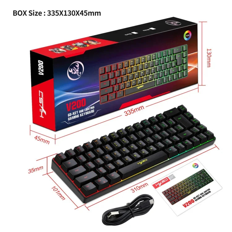 Bàn phím cơ có dây HXSJ V200 68 phím có đèn nền RGB, chiều dài cáp: 1.7m, V200 màu đen, V200 màu trắng