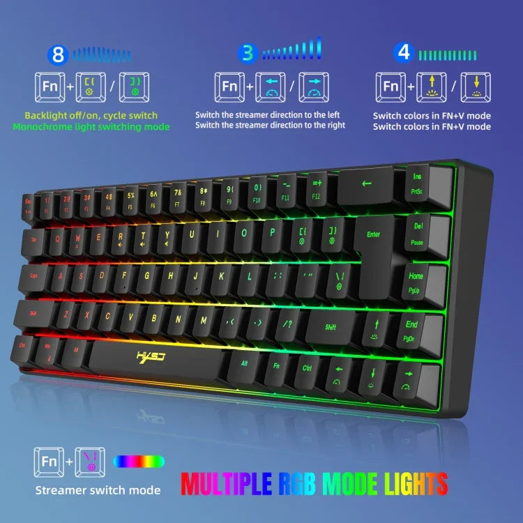 Bàn phím cơ có dây HXSJ V200 68 phím có đèn nền RGB, chiều dài cáp: 1.7m, V200 màu đen, V200 màu trắng