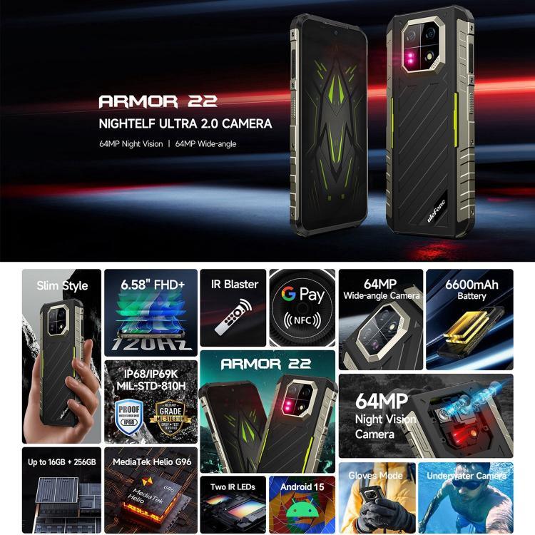 Ulefone Armor 22, điện thoại bền bỉ IP68/IP69K, màn hình 6.58 inch Android 15 MediaTek Helio G96 Octa Core, Mạng: 4G, NFC, OTG, 8GB+128GB, 8GB+256GB
