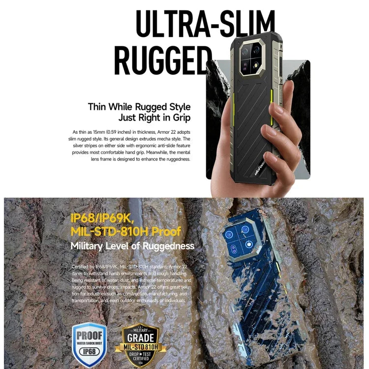 Ulefone Armor 22, điện thoại bền bỉ IP68/IP69K, màn hình 6.58 inch Android 15 MediaTek Helio G96 Octa Core, Mạng: 4G, NFC, OTG, 8GB+128GB, 8GB+256GB