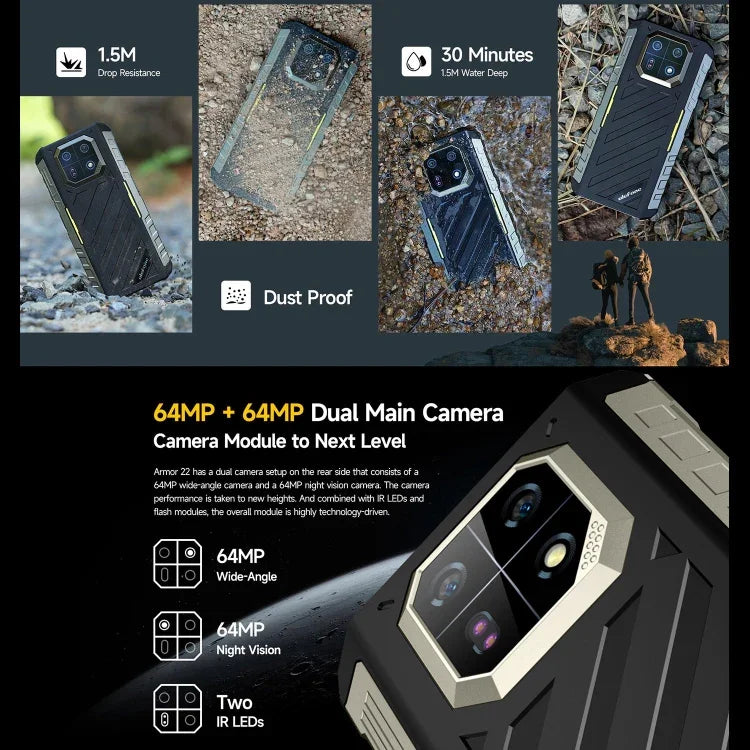 Ulefone Armor 22, điện thoại bền bỉ IP68/IP69K, màn hình 6.58 inch Android 15 MediaTek Helio G96 Octa Core, Mạng: 4G, NFC, OTG, 8GB+128GB, 8GB+256GB