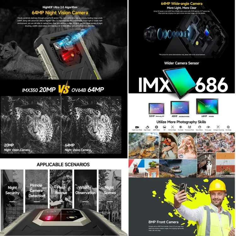 Ulefone Armor 22, điện thoại bền bỉ IP68/IP69K, màn hình 6.58 inch Android 15 MediaTek Helio G96 Octa Core, Mạng: 4G, NFC, OTG, 8GB+128GB, 8GB+256GB