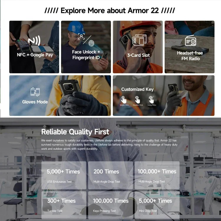 Ulefone Armor 22, điện thoại bền bỉ IP68/IP69K, màn hình 6.58 inch Android 15 MediaTek Helio G96 Octa Core, Mạng: 4G, NFC, OTG, 8GB+128GB, 8GB+256GB