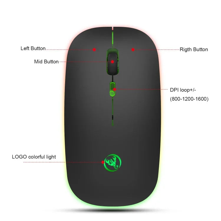 Chuột không dây phát sáng hai chế độ HXSJ T18 2.4GHZ 1600dpi USB + Bluetooth 5.1 có thể sạc lại