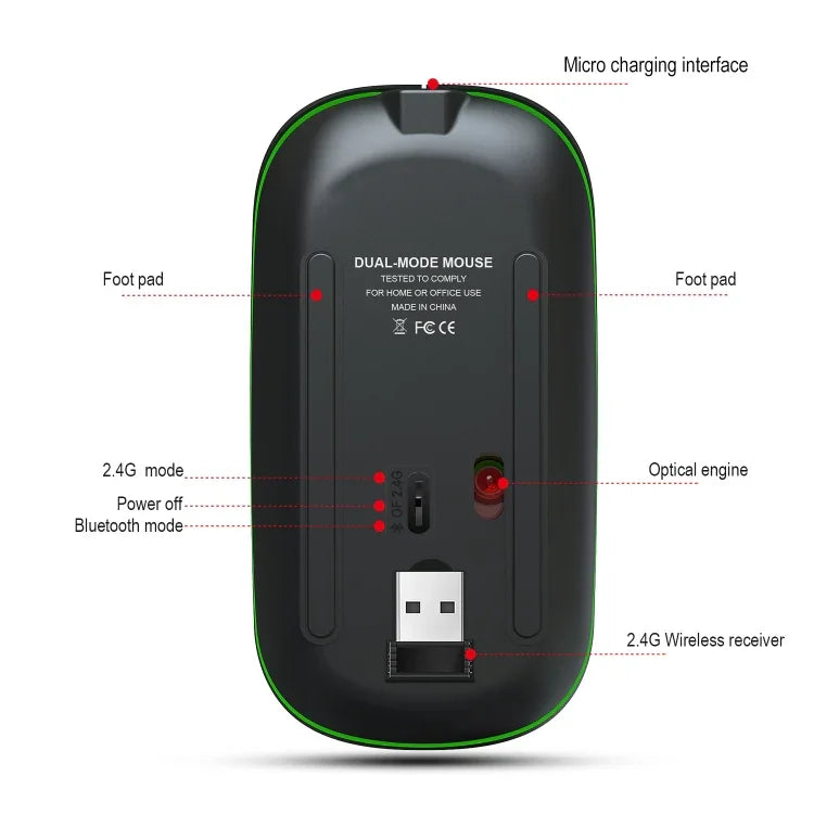 Chuột không dây phát sáng hai chế độ HXSJ T18 2.4GHZ 1600dpi USB + Bluetooth 5.1 có thể sạc lại