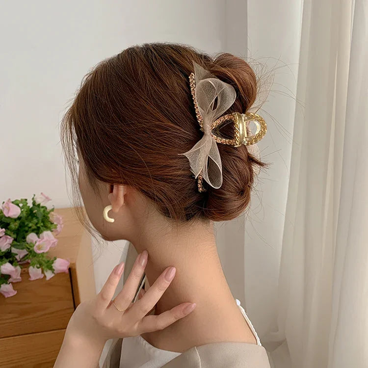 Kẹp tóc kiểu Pháp, lưới, nơ ren đính đá pha lê