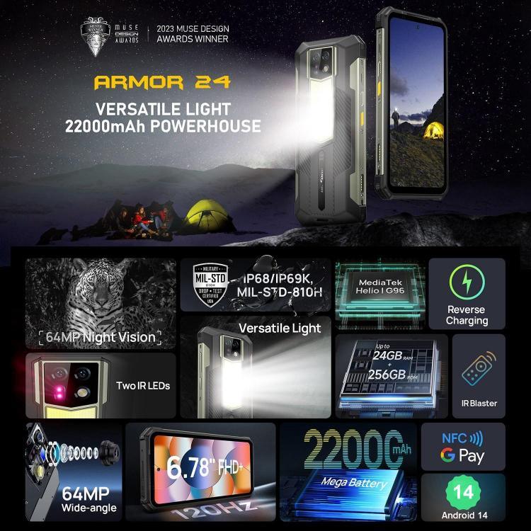 Ulefone Armor 24, điện thoại bền bỉ, nhận dạng vân tay bên cạnh, pin 22000mAh, màn hình 6.78 inch Android 14 MediaTek Helio G96 Octa Core, Mạng: 4G, NFC, Armor 24