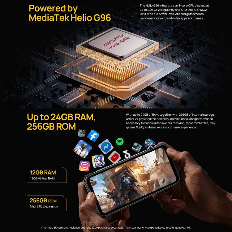 Ulefone Armor 24, điện thoại bền bỉ, nhận dạng vân tay bên cạnh, pin 22000mAh, màn hình 6.78 inch Android 14 MediaTek Helio G96 Octa Core, Mạng: 4G, NFC, Armor 24