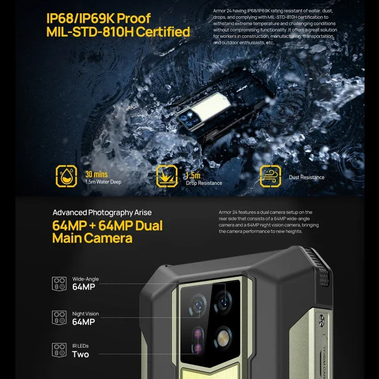 Ulefone Armor 24, điện thoại bền bỉ, nhận dạng vân tay bên cạnh, pin 22000mAh, màn hình 6.78 inch Android 14 MediaTek Helio G96 Octa Core, Mạng: 4G, NFC, Armor 24