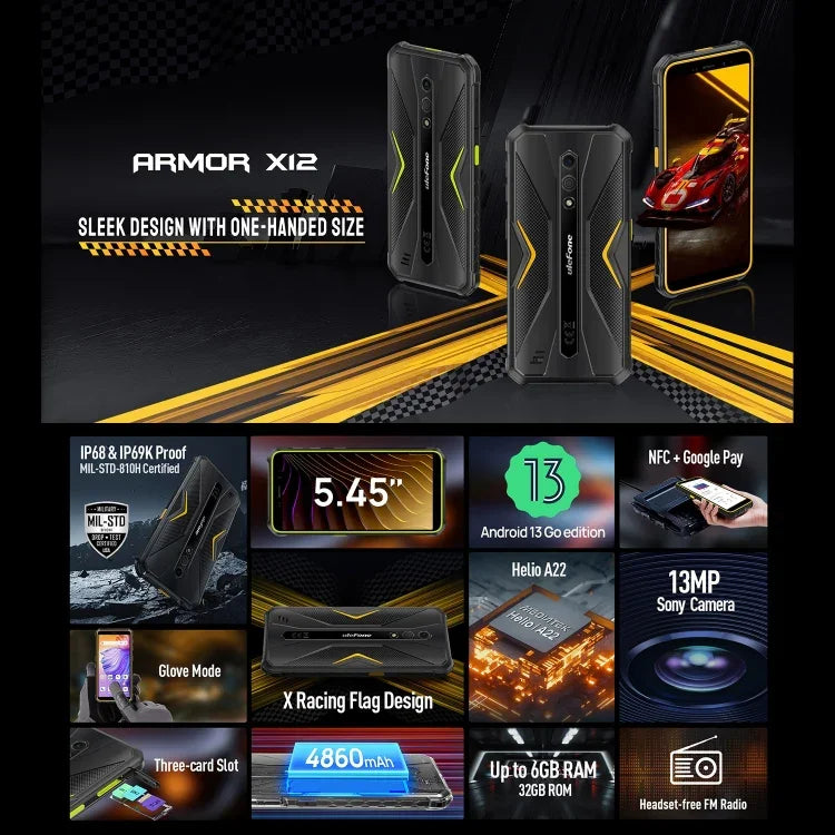Ulefone Armor X12, điện thoại bền bỉ, mở khóa khuôn mặt, màn hình 5.45 inch Android 13 Go MediaTek Helio A22 Quad Core, Mạng: 4G, NFC, 3GB+32GB
