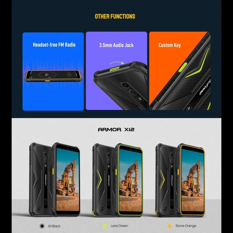 Ulefone Armor X12, điện thoại bền bỉ, mở khóa khuôn mặt, màn hình 5.45 inch Android 13 Go MediaTek Helio A22 Quad Core, Mạng: 4G, NFC, 3GB+32GB