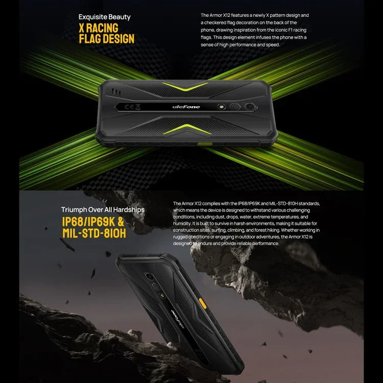 Ulefone Armor X12, điện thoại bền bỉ, mở khóa khuôn mặt, màn hình 5.45 inch Android 13 Go MediaTek Helio A22 Quad Core, Mạng: 4G, NFC, 3GB+32GB