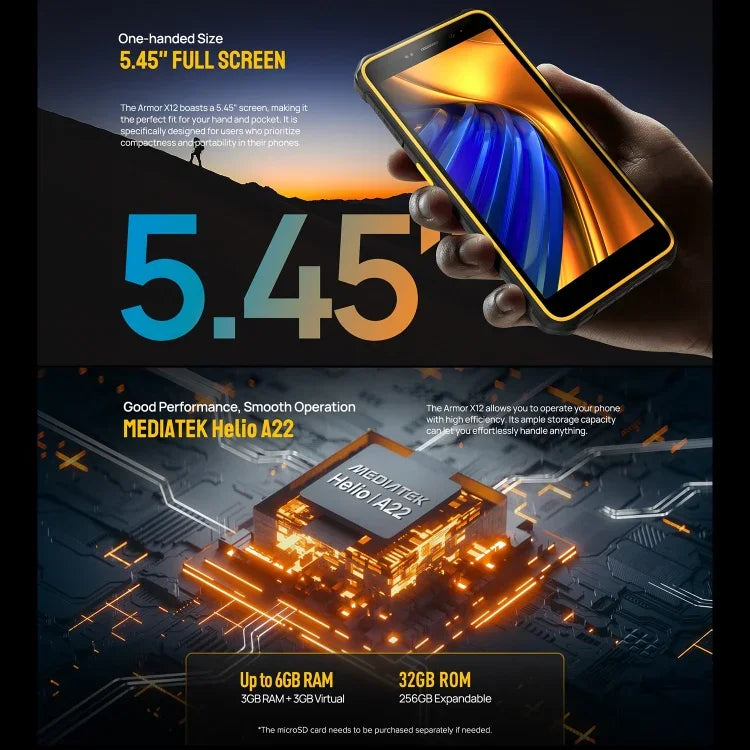 Ulefone Armor X12, điện thoại bền bỉ, mở khóa khuôn mặt, màn hình 5.45 inch Android 13 Go MediaTek Helio A22 Quad Core, Mạng: 4G, NFC, 3GB+32GB