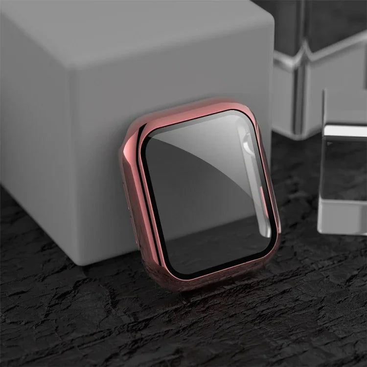 Apple Watch electroplated case in rose gold finish, showcasing integrated protective cover on a dark surface.