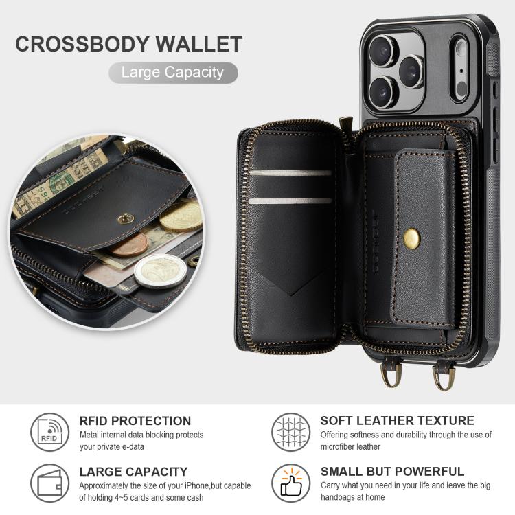 Ốp lưng ví da JEEHOOD C22 có khóa kéo và dây đeo đôi, dành cho iPhone 17 Pro Max, dành cho iPhone 17 Pro, dành cho iPhone Air, dành cho iPhone 16 Pro Max, dành cho iPhone 16 Pro, dành cho iPhone 16 Plus, dành cho iPhone 16, dành cho iPhone 15 Pro Max