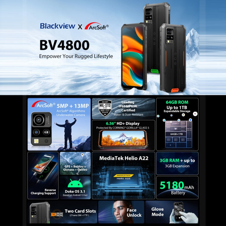 Blackview BV4800, IP68/IP69K/MIL-STD-810H, màn hình 6.56 inch Android 13 MediaTek MT6761V/WB Helio A22 lõi tứ, Mạng: 4G, OTG, BV4800 3GB+64GB