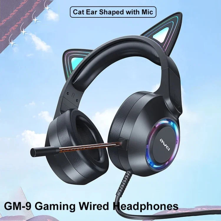 Tai nghe chơi game có dây AWEI GM-9 với đèn tai mèo nhiều màu và mic, GM-9