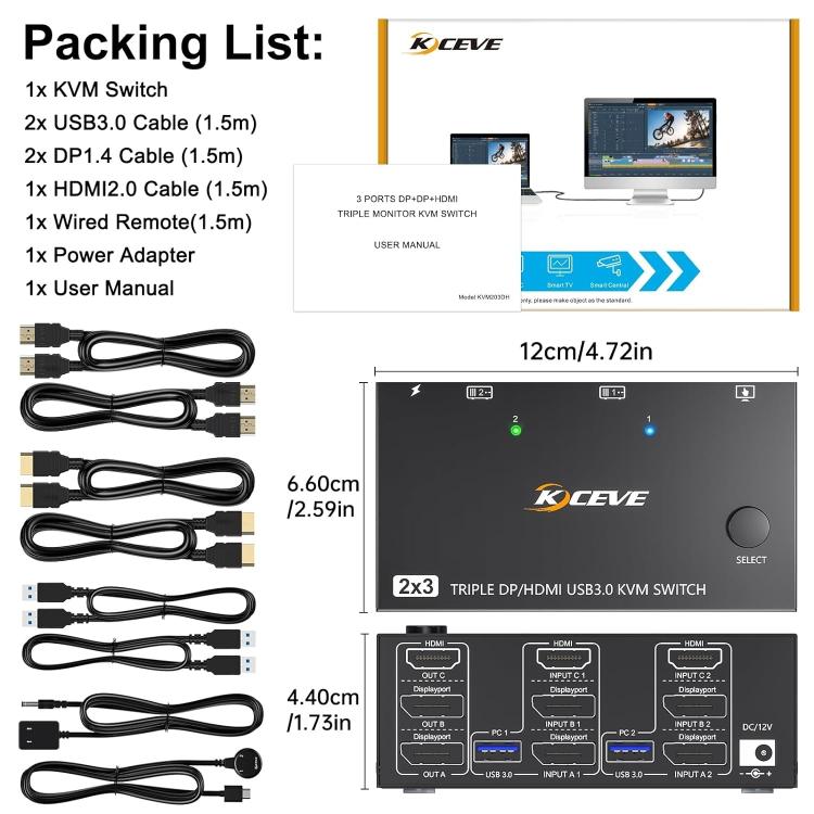 Bộ chuyển mạch KVM KC-KVM203DH 8K 30Hz USB3.0 DP+DP+HDMI ba màn hình, phích cắm EU, KC-KVM203DH