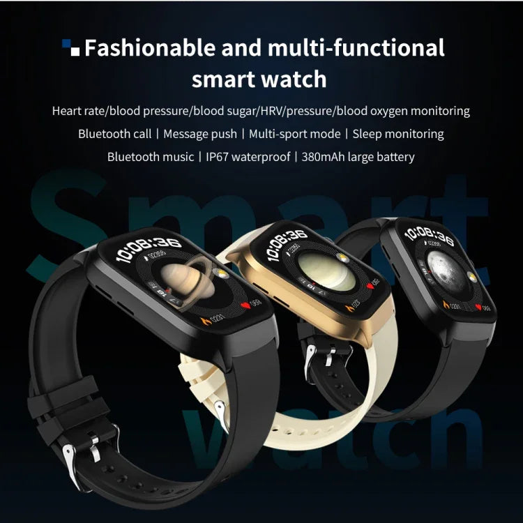 Đồng hồ thông minh gọi Bluetooth dây đeo silicone 2,01 inch hỗ trợ theo dõi nhịp tim / Đường huyết không xâm lấn, Dây đeo silicone màu đen, Dây đeo silicone màu vàng nhạt