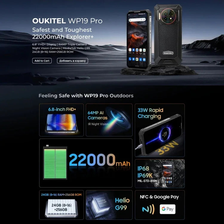 Oukitel WP19 Pro, Màn hình 6.8 inch MediaTek Helio G99 Octa-core, NFC, Mạng: 4G, WP19 Pro 8GB+256GB