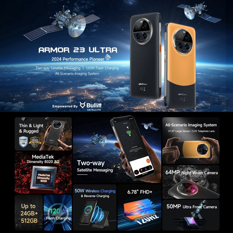 Ulefone Armor 23 Ultra Điện thoại bền bỉ, Màn hình 6.78 inch Android 13 MediaTek Dimensity 8020 Octa Core lên đến 2.6GHz, Mạng: 5G, NFC, OTG, Nhắn tin vệ tinh, 12GB+512GB