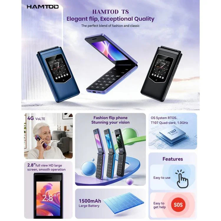 HAMTOD T8 Điện thoại gập 4G, Màn hình 2.8 inch + 1.77 inch, VoLTE, BT, SOS, OTG, Phiên bản EU
