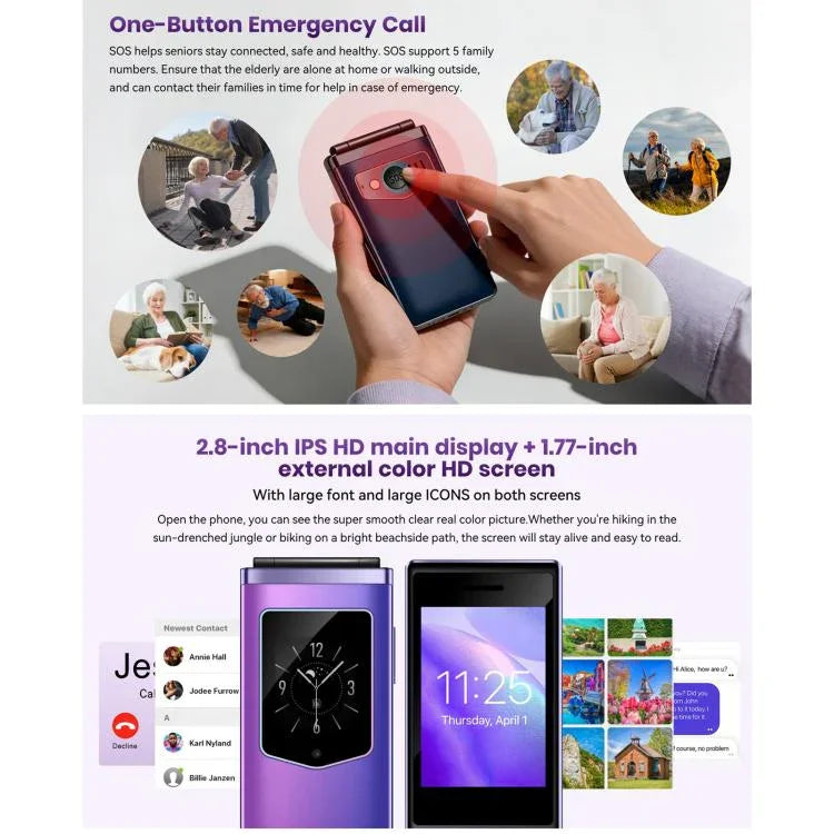 HAMTOD T8 Điện thoại gập 4G, Màn hình 2.8 inch + 1.77 inch, VoLTE, BT, SOS, OTG, Phiên bản EU