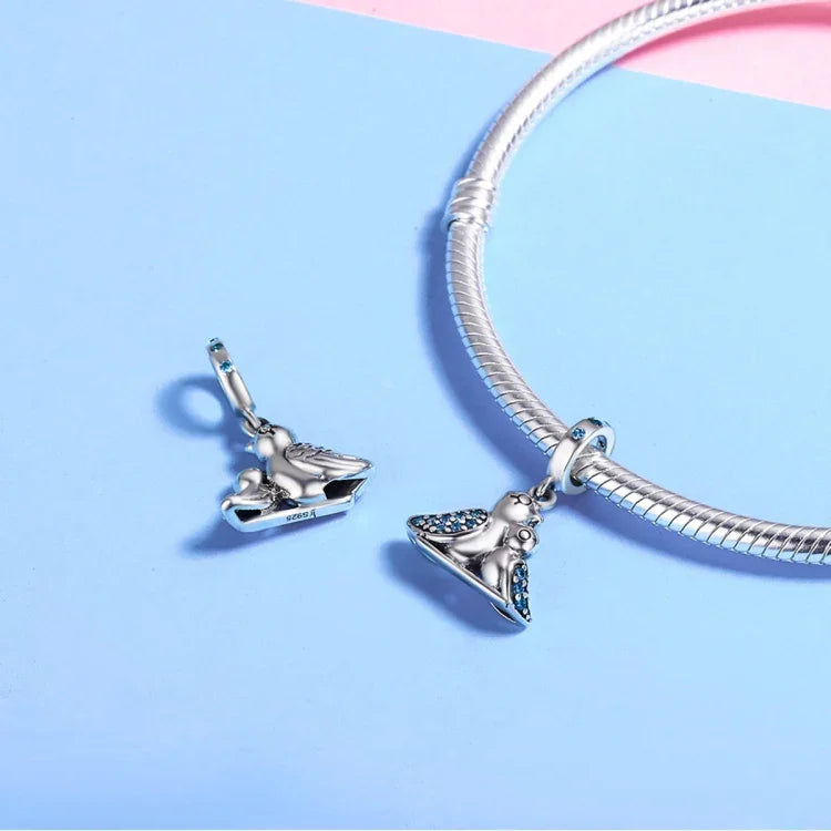 Phụ kiện vòng tay bạc S925 đính đá quý xanh hình chim