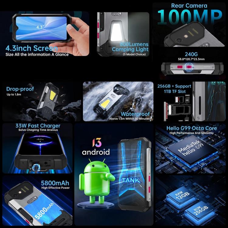 Unihertz Tank mini 1 / 8849, Camera 100MP, Màn hình 4.3 inch Android 13 Helio G99 Octa Core, Mạng: 4G, Tank mini 1 8GB+256GB